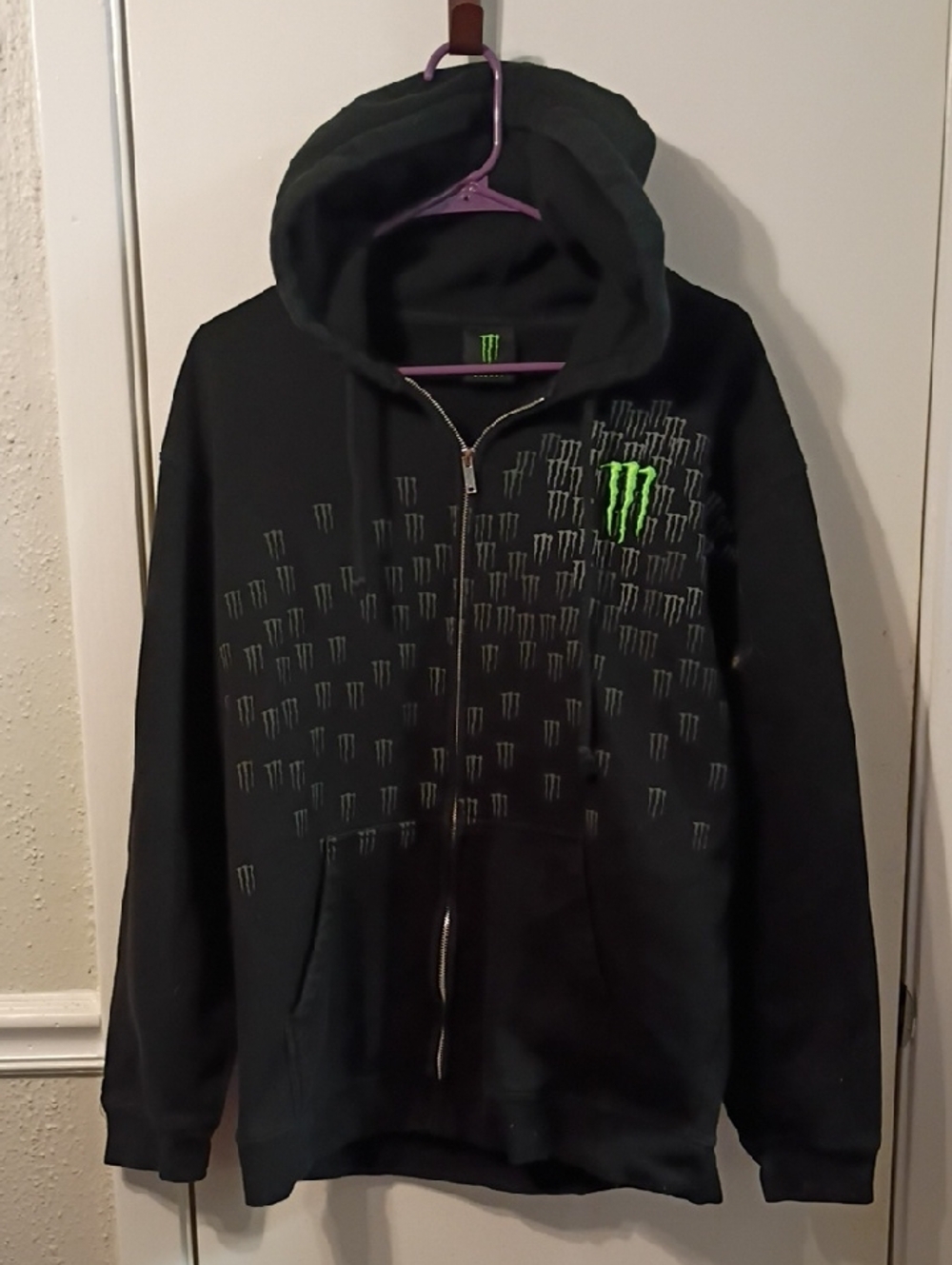 Y2k Monster Energy Men’s Black Zip-Up Hoodie with Neon Green Logo